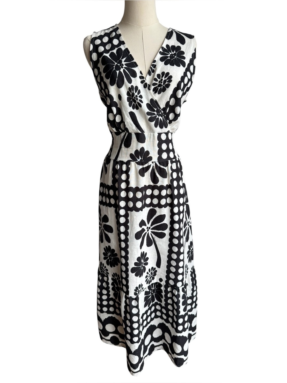 Coastal Linen Cotton Floral Midi Dress Sz M Black White Sundress Boho Artsy EUC